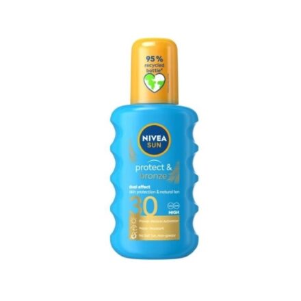 Nivea SUN Protect&Bronze sprej za zaštitu od sunca SPF 30 pruža trenutnu zaštitu od sunčevog zračenja. Formulacija sa ekstraktom pro-melanina stimuliše prirodan proces tamnjenja kože.