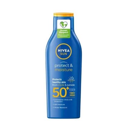 NIVEA Sun Protect &Moisture losion za zaštitu od sunca SPF 50 pruža veoma visoku zaštitu od UVA & UVB zračenja. Vodootporan.