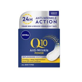 NIVEA Q10 Power noćna krema obogaćena NIVEA koenzimom Q10 sa dvostrukim delovanjem i kreatinom omogućava 24-časovno dejstvo protiv bora,  pomaže u regeneraciji kože dok spavate i pospešuje proizvodnju kolagena.