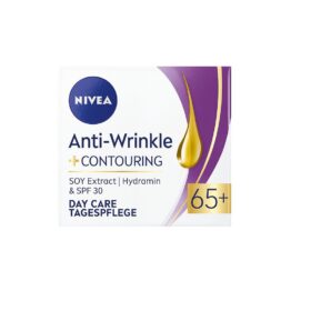 Nivea dnevna krema protiv bora za poboljšanje kontura lica 65+ sadrži aktivnu formulaciju sa ekstraktom soje koja poboljšava konture i sprečava pojavu dubokih bora.