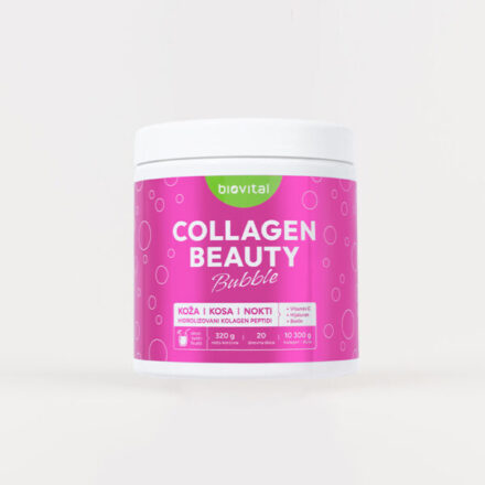 Collagen Beauty Bubble je posebna formula sa hidrolizovanim peptidima kolagena, hijaluronskom kiselinom, vitaminom C i biotinom (vitamin B7) podržava normalno funkcionisanje kose, kože i noktiju. Pravi napitak za lepotu sa najvećim sadržajem kolagena od 10.300 mg i dnevnim maksimumom biotina.