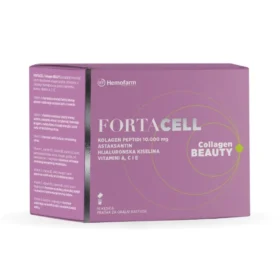 Fortacell Collagen Beauty je dodatak ishrani koji sadrži hidrolizovane kolagen peptide, astaksantin, iz mikroalge Haematococcus pluvial, hijaluronsku kiselinu, vitamine A, C i E.