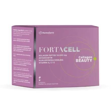 Fortacell Collagen Beauty je dodatak ishrani koji sadrži hidrolizovane kolagen peptide, astaksantin, iz mikroalge Haematococcus pluvial, hijaluronsku kiselinu, vitamine A, C i E.