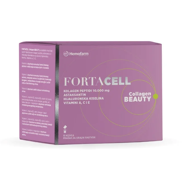Fortacell Collagen Beauty je dodatak ishrani koji sadrži hidrolizovane kolagen peptide, astaksantin, iz mikroalge Haematococcus pluvial, hijaluronsku kiselinu, vitamine A, C i E.