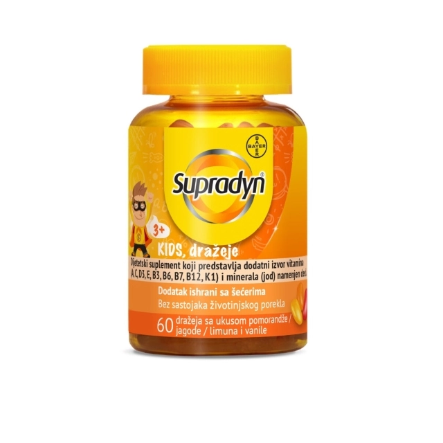 Supradyn Kids dražeje su dijetetski suplement koji predstavlja dodatni izvor vitamina (A, C, D3, E, B3, B6, B7, B12, K1) i minerala (jod), namenjen deci.