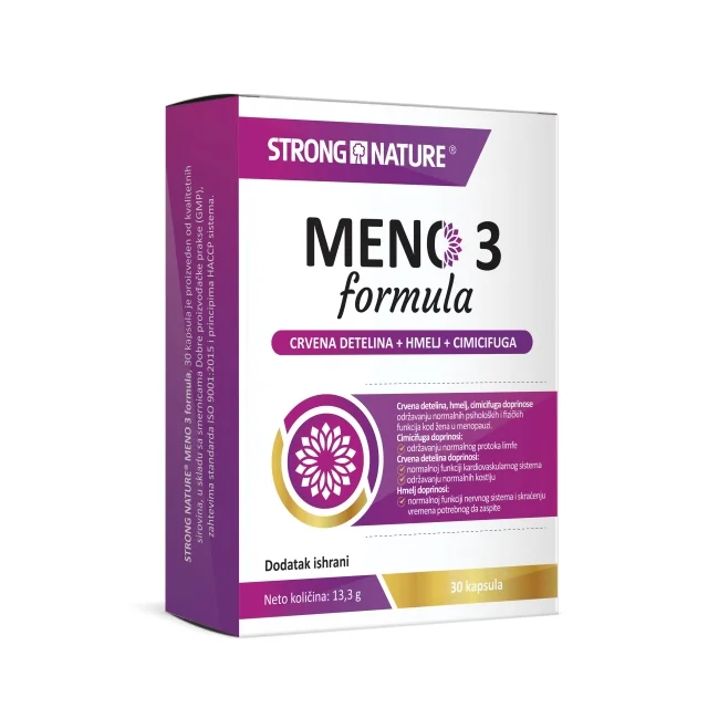 Strong Nature® MENO 3 formula je dodatak ishrani namenjen ženama koje prolaze kroz perimenopauzu ili menopauzu. Strong Nature® MENO 3 formula doprinosi održavanju normalnih psiholoških i fizičkih funkcija kod žena u perimenopauzi menopauzi.