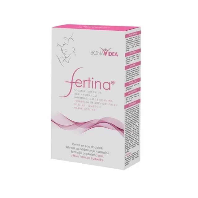 Fertina kapsula je dodatak ishrani sa izbalansiranom kombinacijom 18 vitamina i minerala, uključujući 600 µg aktivnog oblika folne kiseline i omega-3 masne kiseline tokom trudnoće i dojenja.