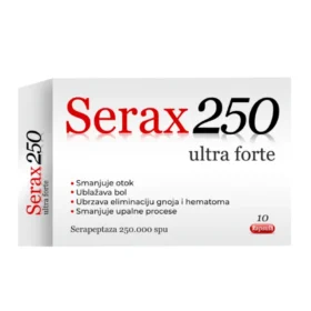 Serax ultra forte 250 je dodatak ishrani koji sadrži po jednoj kapsuli 250 000 SPU enzima serapeptaza. Efikasno uklanja bol i otoke u organizmu.