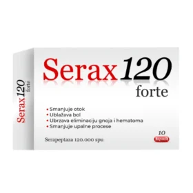 Serax forte 120 je dodatak ishrani koji sadrži po jednoj kapsuli 120 000 SPU enzima serapeptaza. Efikasno uklanja bol i otoke u organizmu.