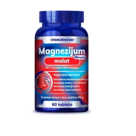 Strong Nature Magnezijum Malat sadrži magnezijum vezan za jabučnu kiselinu, organsko jedinjenje koje se prirodno nalazi u voću i ima važnu ulogu u proizvodnji ćelijske energije.