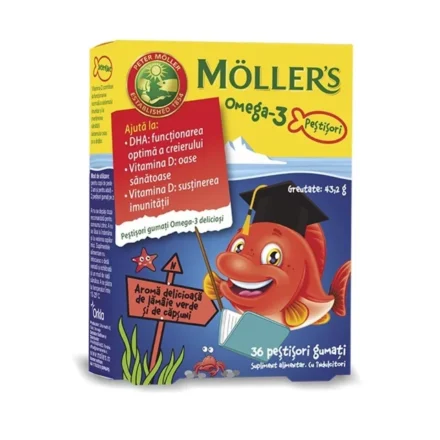 Möller’s Omega-3 Jelly Fish gumene ribice sa ukusom jagode, dodatak ishrani sa zaslađivačima, bez dodatog šećera, predstavlja izvor omega-3 masnih kiselina (EPA i DHA) i vitamina D.