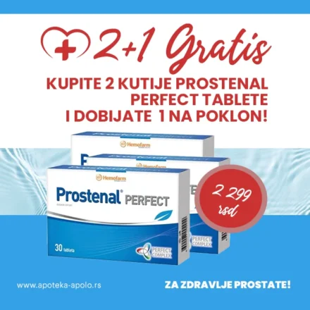 Prostenal Perfect dodatak ishrani koji sadrži kombinaciju biljnih ekstrakata ploda testeraste palme i korena koprive uz dodatak cinka.
