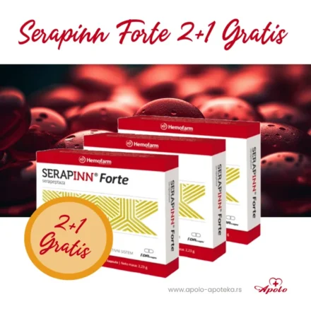 SERAPINN® Forte ima visoko izraženu enzimsku aktivnost uključujući snažno antiinflamatorno, antiedematozno, mukolitičko i fibrinolitičko dejstvo.
