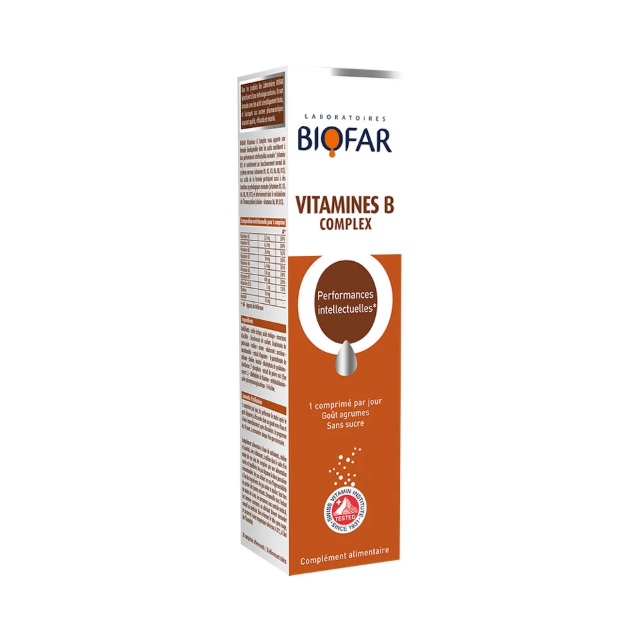 Biofar B Complex šumeće tablete sa vitaminima B grupe, folnom kiselinom, holinom i inozitolom za podršku nervnom sistemu i koncentraciji.