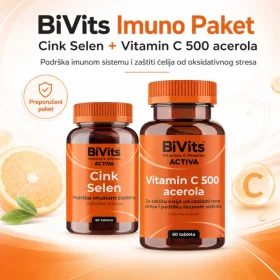BiVits Imuno paket sa vitaminom C 500 iz acerole, cinkom i selenom pruža svakodnevnu podršku imunitetu i zaštiti ćelija od oksidativnog stresa.