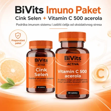 BiVits Imuno paket sa vitaminom C 500 iz acerole, cinkom i selenom pruža svakodnevnu podršku imunitetu i zaštiti ćelija od oksidativnog stresa.