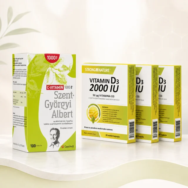 Super imunopaket za celu zimu sa Vitaminom C 1000 mg i Vitaminom D3 2000 IU pruža svakodnevnu podršku imunitetu tokom jeseni i zime.